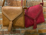 Crossbody/Shoulder Fringe Bag in Tan and Ruby