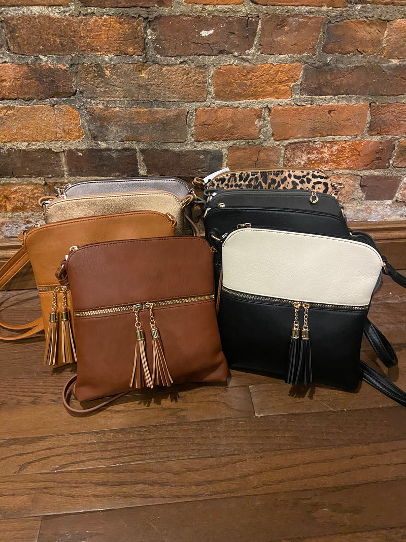 Crossbody/Shoulder Strap Bag in Tan, Brown, Black, Leopard, Silver, Rose Gold, and White/Black
