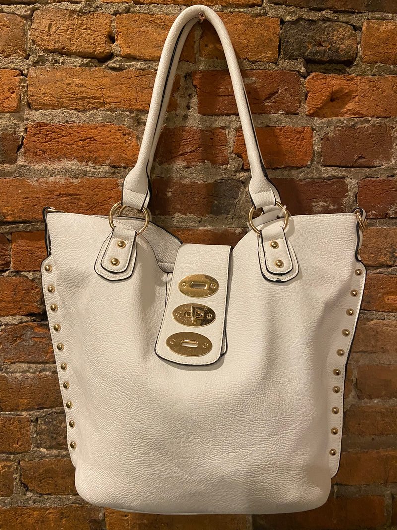 Shoulder Tote and Crossbody Purse in White with Gold Accents